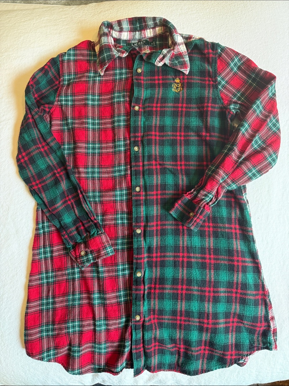 Lauren Ralph Lauren Red and Green Plaid Long Button-Up Sleep Shirt
